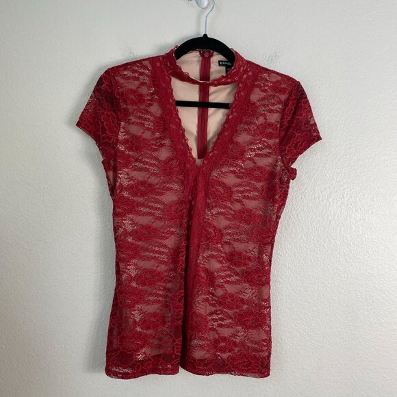 Express Womens Small Red Lace Choker Neck Short Sleeve Top Blouse Shirt - Picture 9 of 12